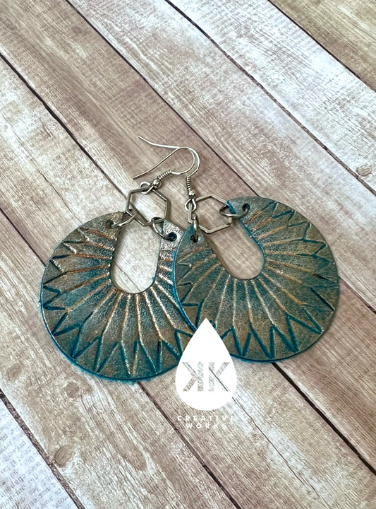 Bronzed silver on Embossed Teal Sunray Earrings