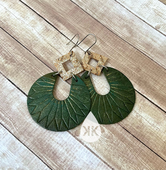 Dark Green with Gold Embossed Sunray Earrings